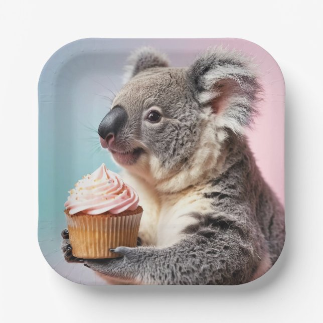 Cute Koala With Cupcake Pastel Gradient Paper Plate (Front)