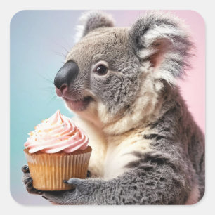 Cute Koala With Cupcake Pastel Gradient Square Sticker