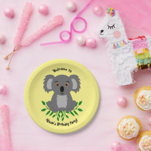 Cute koala with eucalyptus kids birthday  paper pl plate
