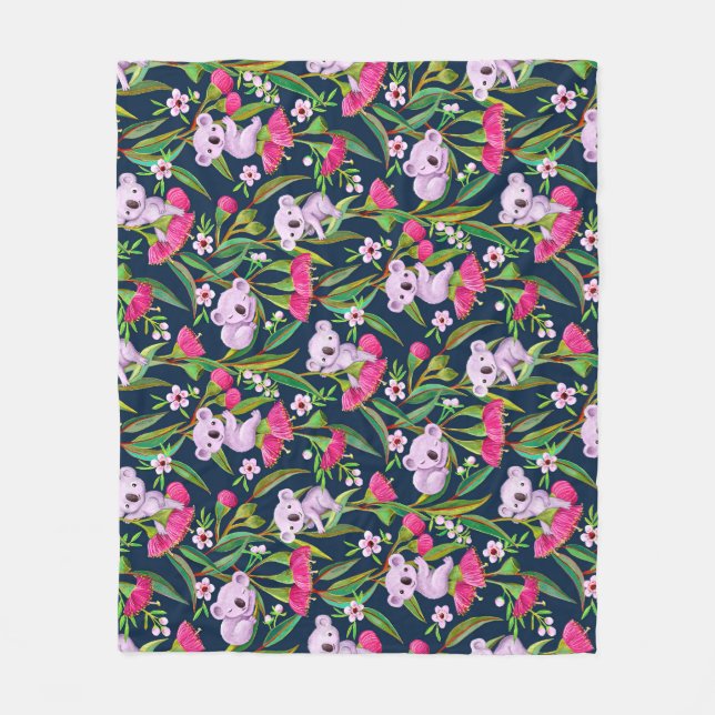 Cute Koalas Pale Lilac on Pink Eucalyptus Flowers Fleece Blanket (Front)