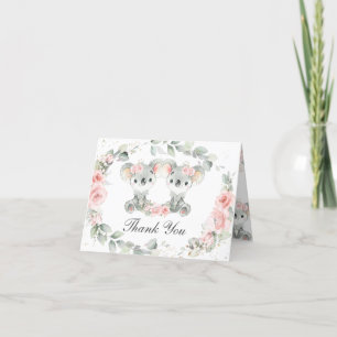 Cute Koalas Pink Floral Twin Girls Baby Shower Thank You Card