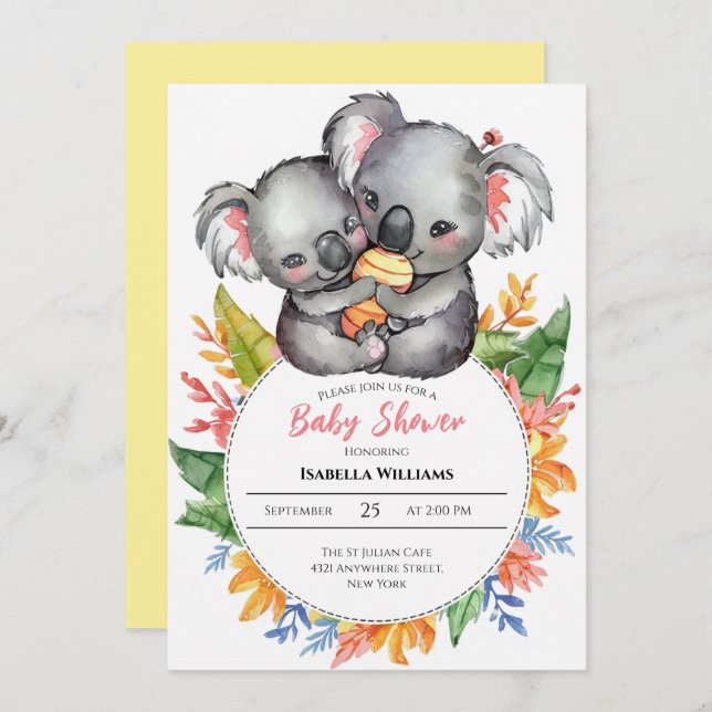 Cute Koalas Wildflower Baby Shower Invitation (Front/Back)