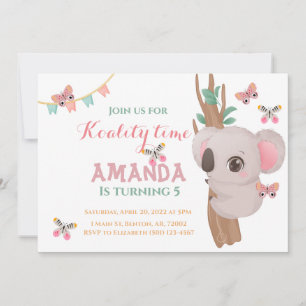 Cute koality time koala bear pink teal tree animal invitation