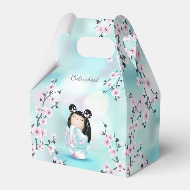 Cute Kokeshi Doll Cherry Blossoms Turquoise  Favour Box (Front Side)