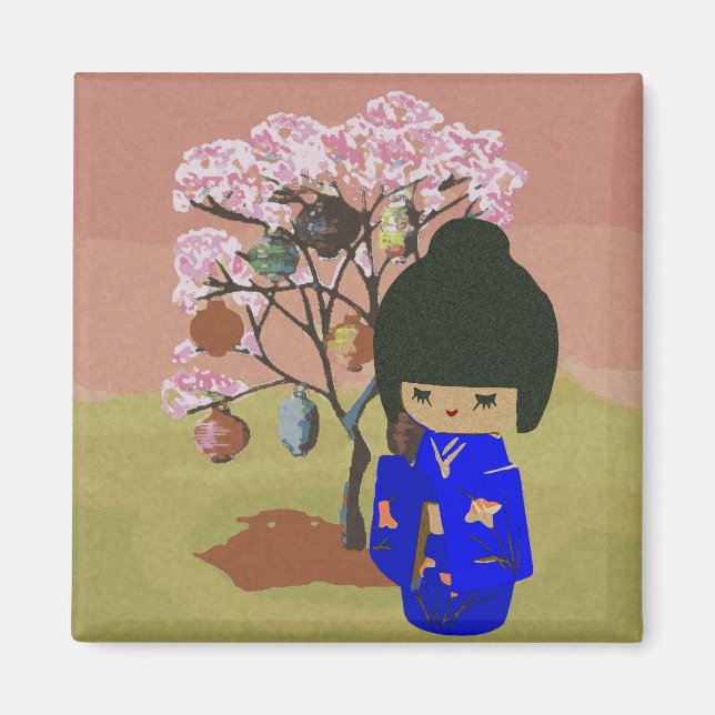 Cute kokeshi Doll with cherry blossom tree Magnet (Front)