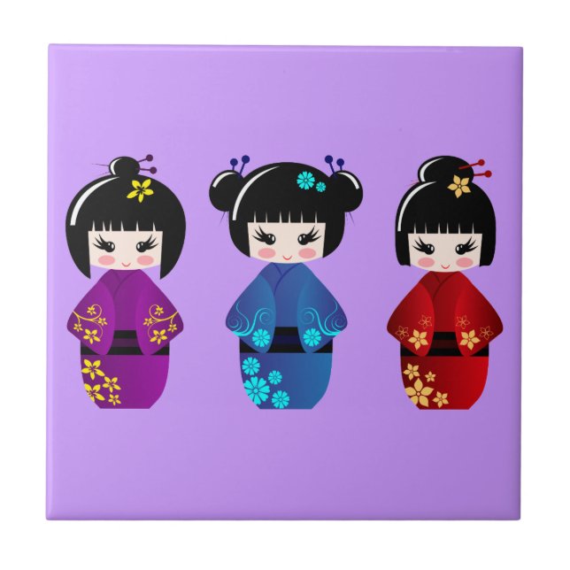 Cute kokeshi dolls cartoon ceramic tile (Front)