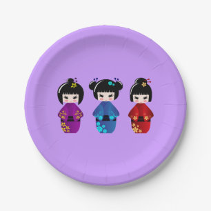 Cute kokeshi dolls cartoon girls paper plate