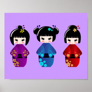 Cute kokeshi dolls cartoon poster