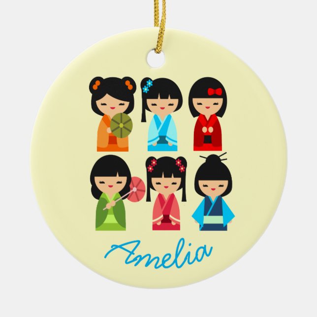 Cute Kokeshi Japanese dolls Ceramic Ornament (Front)