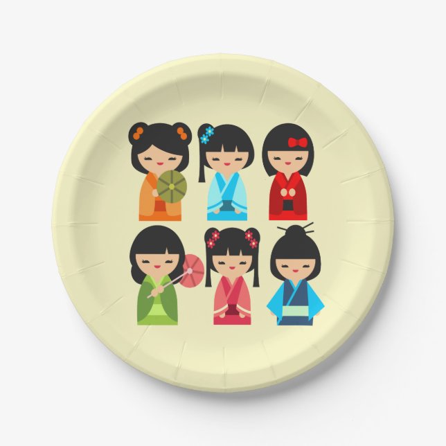 Cute Kokeshi Japanese dolls Paper Plate (Front)