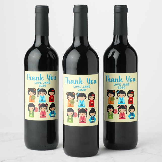 Cute Kokeshi Japanese dolls Wine Label (Bottles)