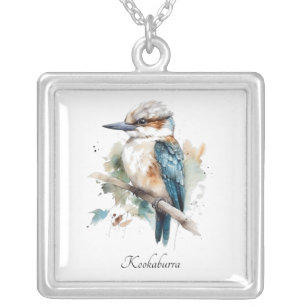 Cute Kookaburra on a branch painted in watercolor Silver Plated Necklace