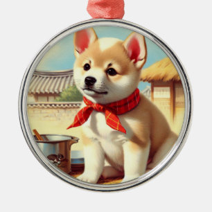 Cute Korean Jindo Dog Painting Metal Ornament