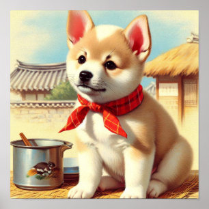 Cute Korean Jindo Dog Painting Poster