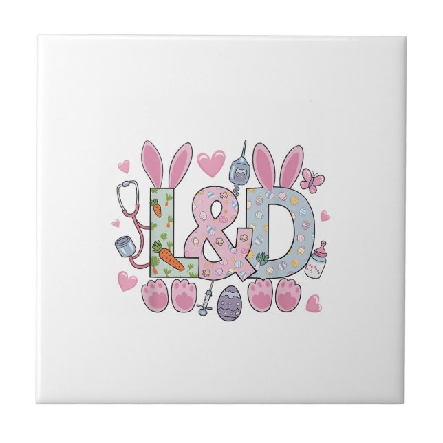 Cute L&D Labour and Delivery Nurse Easter Bunny Eg Ceramic Tile (Front)