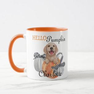Cute Lab Puppy Dog Grey Orange Plaid Hello Pumpkin Mug