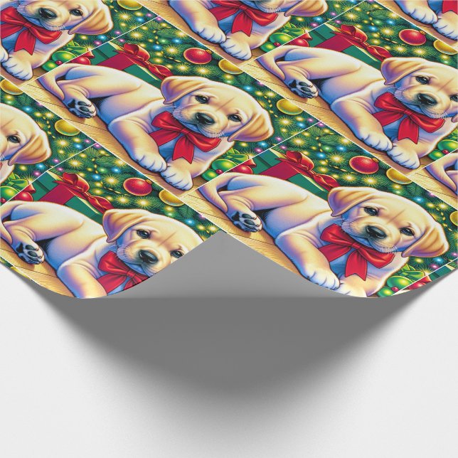 Cute Lab Puppy Under Christmas Tree Wrapping Paper (Corner)