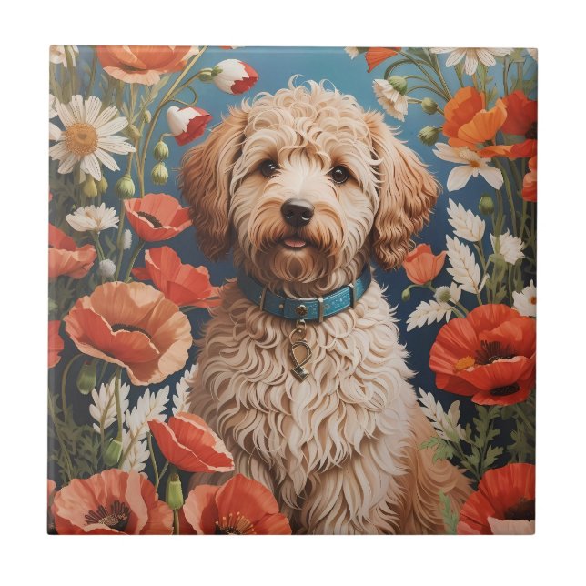 Cute Labradoodle Daisy And Poppy Flower Ceramic Tile (Front)