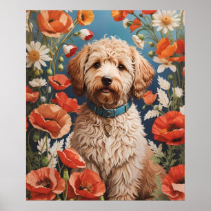 Cute Labradoodle Daisy And Poppy Flower Poster