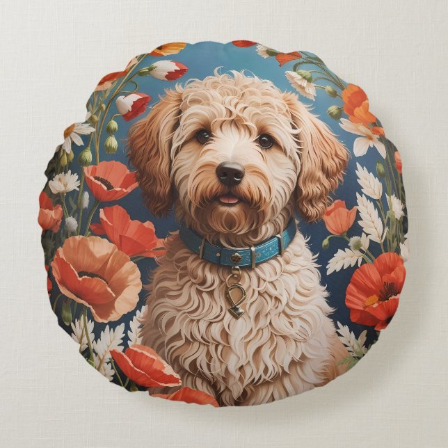 Cute Labradoodle Daisy And Poppy Flower Round Cushion (Front)