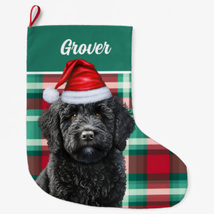 Cute Labradoodle Holiday Plaid Personalized Large Large Christmas Stocking