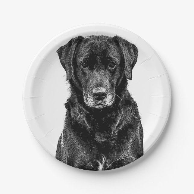 Cute Labrador Black Dog Puppy Pet Sketch Paper Plate (Front)