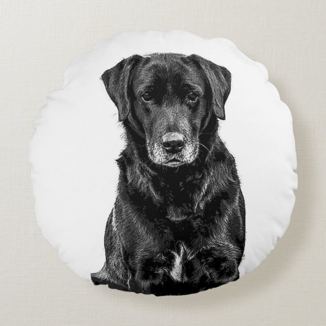 Cute Labrador Black Dog Puppy Pet Sketch Round Cushion (Front)