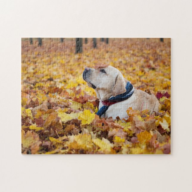 Cute Labrador Dog In Fall Leaves Jigsaw Puzzle (Horizontal)
