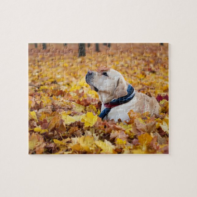 Cute Labrador Dog In Fall Leaves Jigsaw Puzzle (Horizontal)