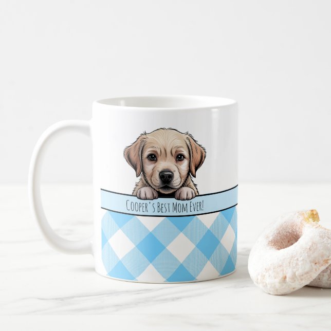 Cute Labrador Puppy Best Dog Mum Blue Gingham Coffee Mug (With Donut)