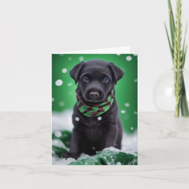 Cute Labrador Puppy in a Green Winter Scarf Card (Front)