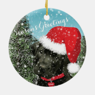 Cute Labrador Puppy Santa Hat Season's Greetings Ceramic Tree Decoration
