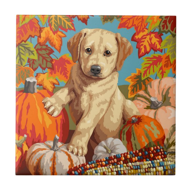 Cute Labrador Retriever Puppy Autumn Harvest Ceramic Tile (Front)
