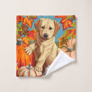 Cute Labrador Retriever Puppy Autumn Harvest Wash Cloth