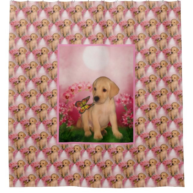Cute Labrador Retriever Puppy Butterfly Pattern  Shower Curtain (Front)