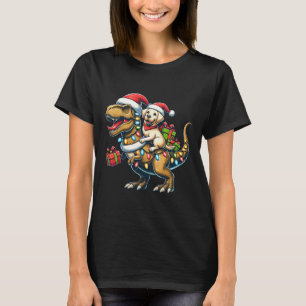 Cute Labrador Retriever Puppy Rides TRex in Santa T-Shirt