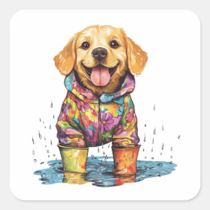 Cute Labrador Retriever Rain Puddle Square Sticker