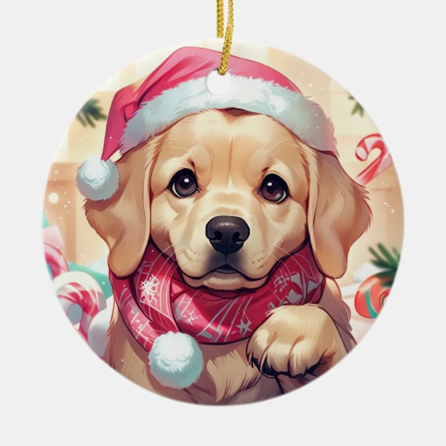 Cute Labrador Retriever with pastel hat & scarf Ceramic Ornament (Front)