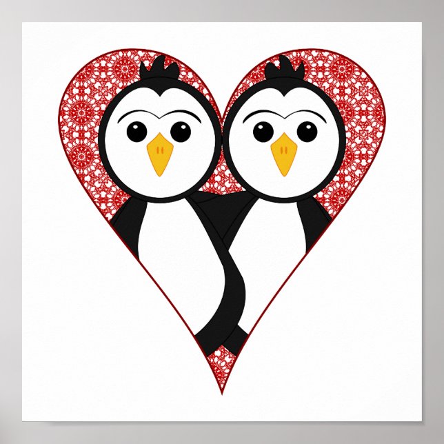 Cute Lace Heart Penguins Poster (Front)