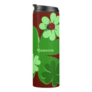 Cute Lady Bug & Clover Leaf Custom Name Thermal Tumbler
