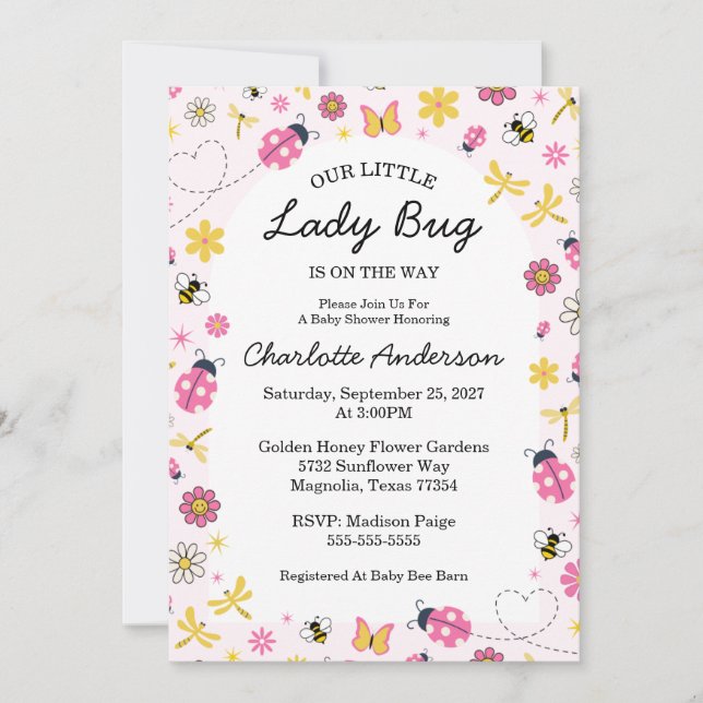 Cute Lady Bug Pink Girl Baby Shower Invitation (Front)