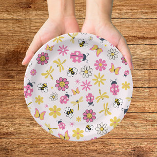 Cute Lady Bug Pink Girl Baby Shower Paper Plate