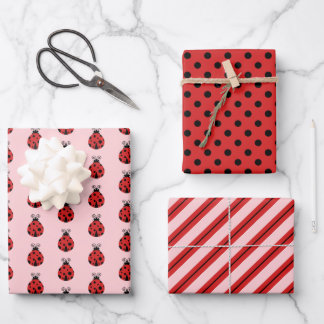 Cute Lady Bugs Polka Dots Pink Stripes Wrapping Paper Sheet