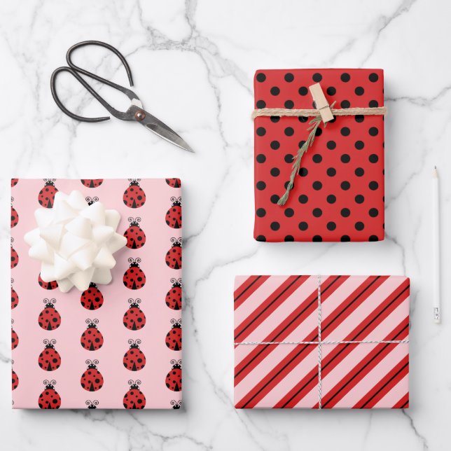 Cute Lady Bugs Polka Dots Pink Stripes Wrapping Paper Sheet (Front)