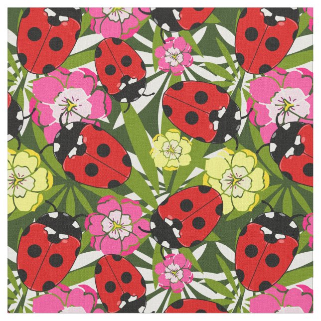 Cute Ladybirds and Flowers Pattern on Dark Green Fabric (Close Up)