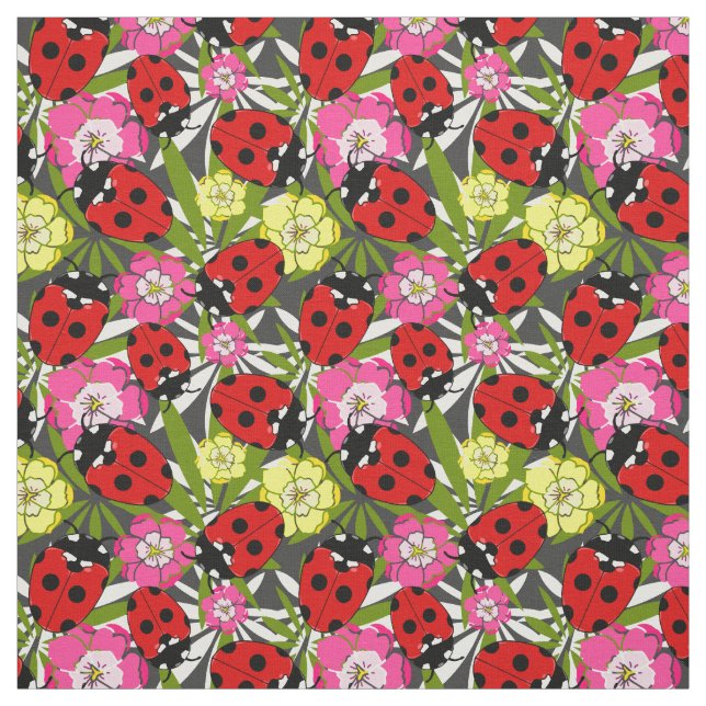Cute Ladybirds and Flowers Pattern on Grey Fabric (Swatch)