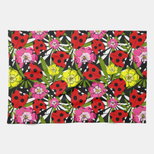 Cute Ladybirds and Flowers Pattern Tea Towel