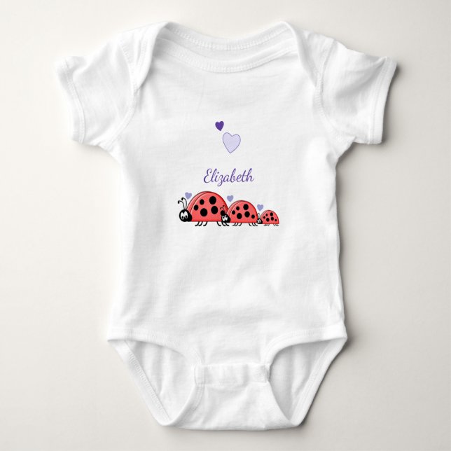Cute ladybirds hearts and name baby bodysuit (Front)