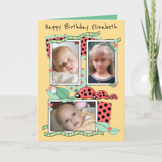 Cute ladybirds with name and photos greeting card (Front)