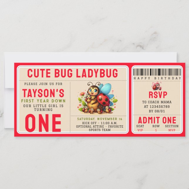 Cute Ladybug 1st Birthday | Bug Theme Ticket Invitation (Front)
